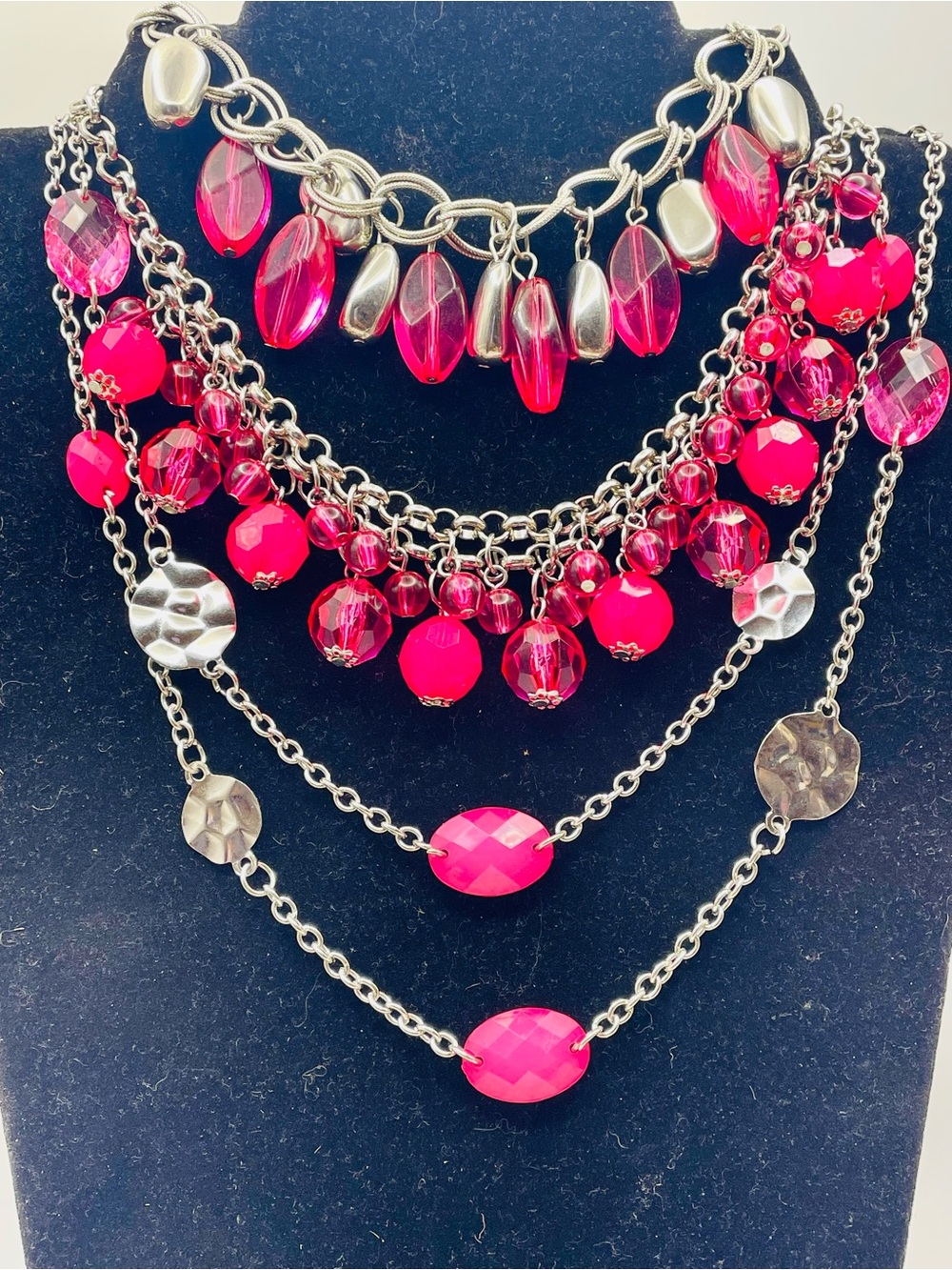 3 Women’s Pink Bead and Silver Tone Statement Necklaces. 2 18 inch and 1 40 inch